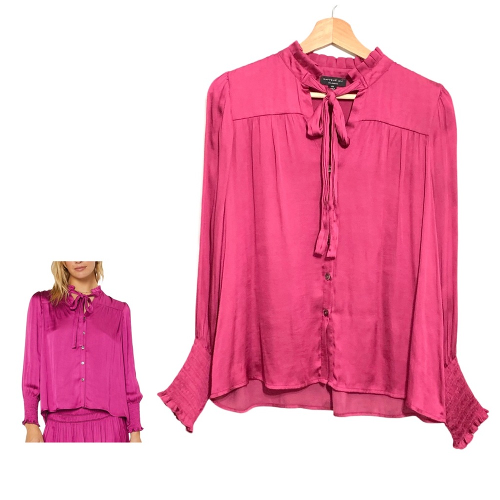 Current Air Hot Pink Bow Tie Top Long Smocked Sleeves Size XS Button Up Blouse